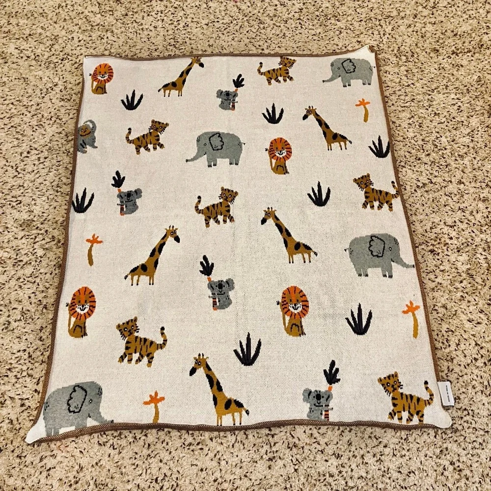 Kanodia BABY BLANKET Safari Jungle Elephant Tiger Giraffe 100% Cotton Knit Throw